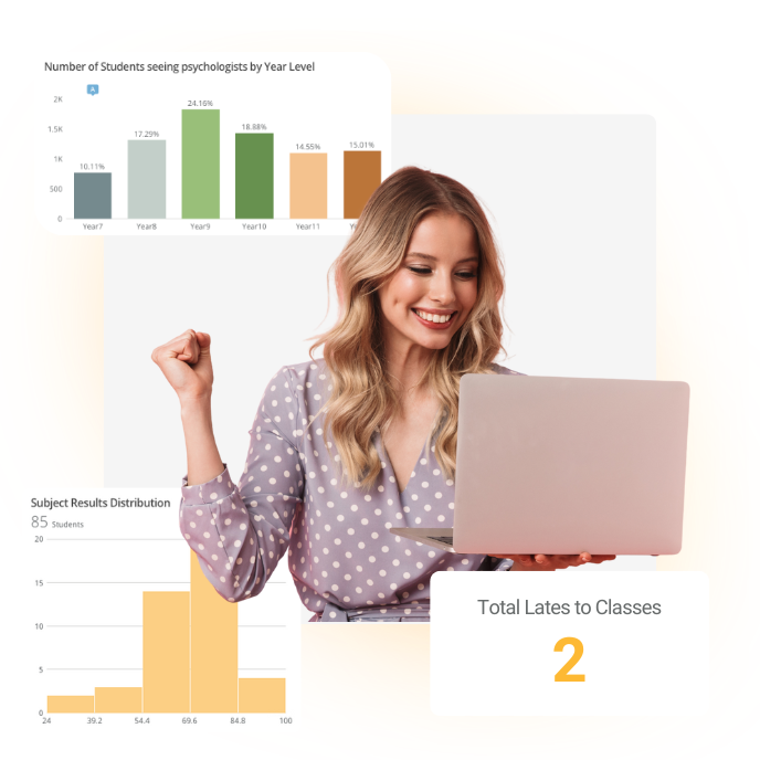 Woman holding laptop showing Student360 by Education360 dashboards with school data, student performance analytics, and education management tools.